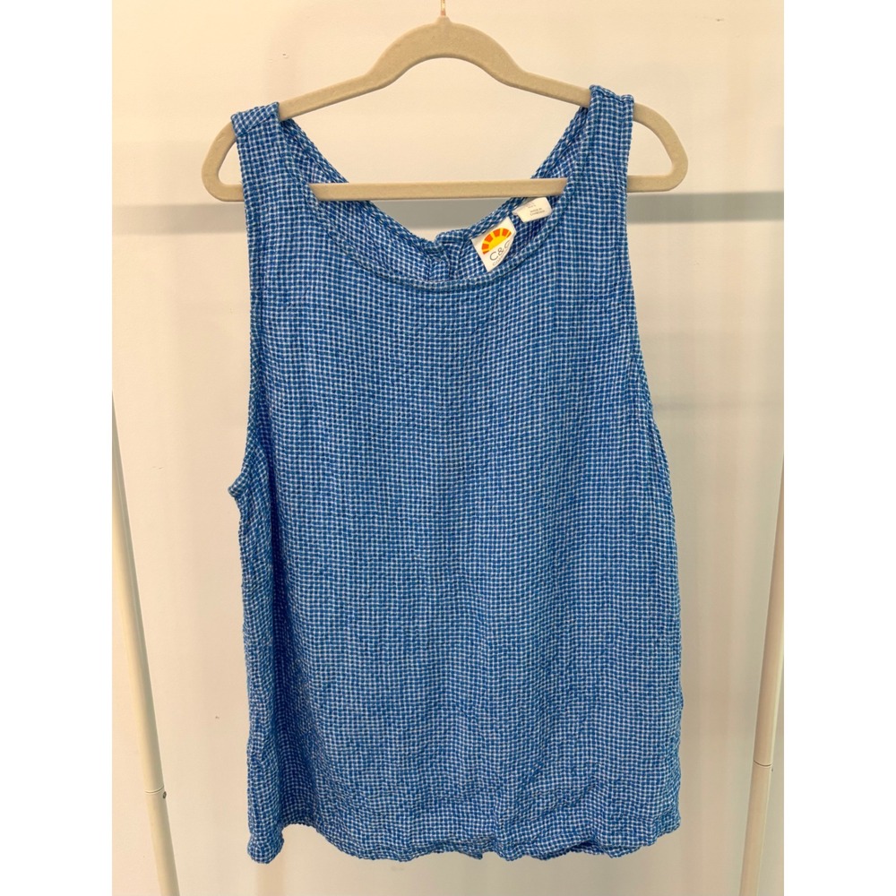 C&C California Blue Gingham Linen Blend Button Back Tank Top Large